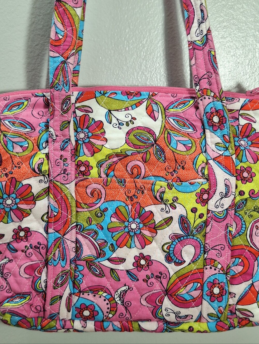 Handmade Quilted Cotton Tote Bag Purse 12X9 In Paisley Floral Pink Blue Pockets - Picture 3 of 16